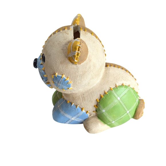Patchwork-Look Cat Coin Bank With Slot & Stitch Detail Beige Green Blue Yellow R - Picture 4 of 8